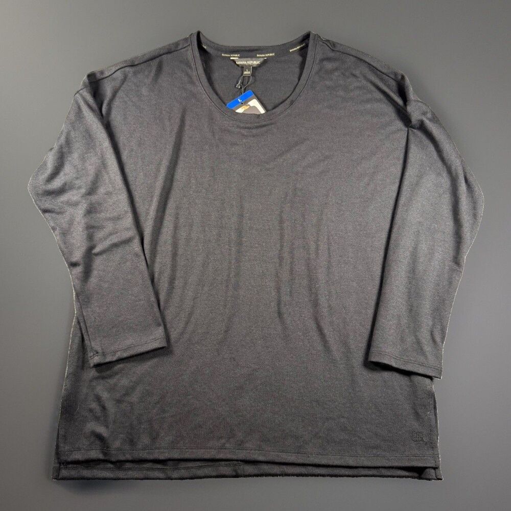 NWT Banana Republic Women's Long Sleeve Knit Top Black Gray Relaxed Scoop Neck L